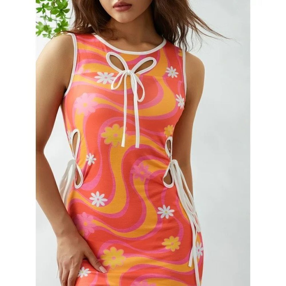 Pretty Little Thing Women’s Orange and Pink Hawaiian Hippie Floral Short Tank Dr